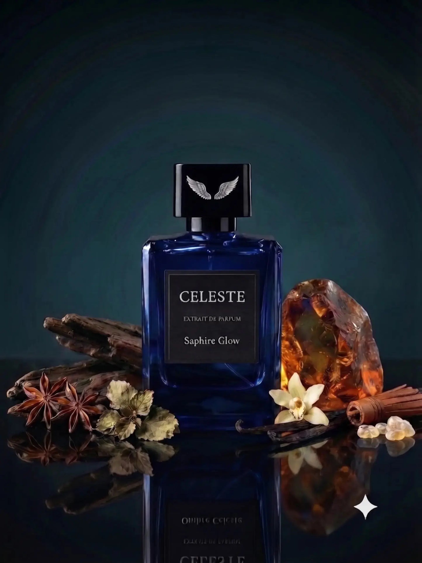 Saphire Glow extrait de parfum bottle by Parfum Celeste, a luminous unisex fragrance with passionfruit, oud and amber-vanilla notes