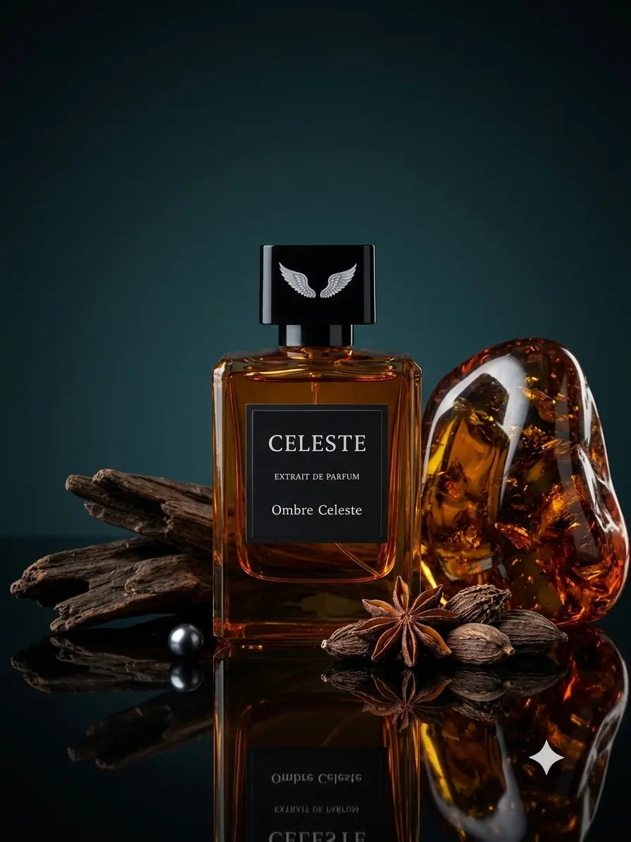 Ombre Celeste extrait de parfum bottle by Parfum Celeste, a luxury unisex fragrance with citrus, jasmine and amber-vanilla notes