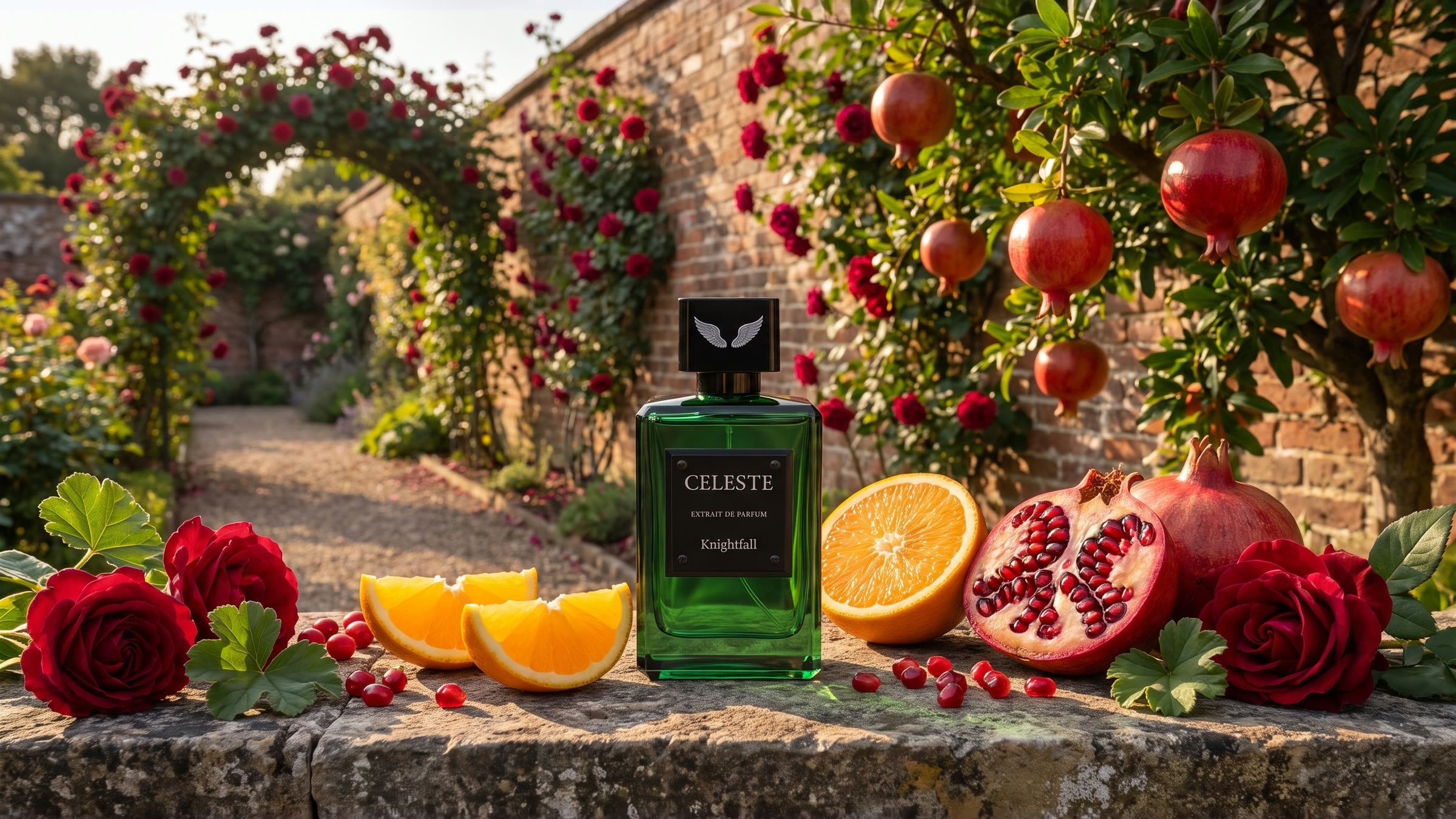Knightfall on a stone ledge in a walled rose garden, among a split pomegranate, oranges, red berries, roses and geranium, by Parfum Celeste