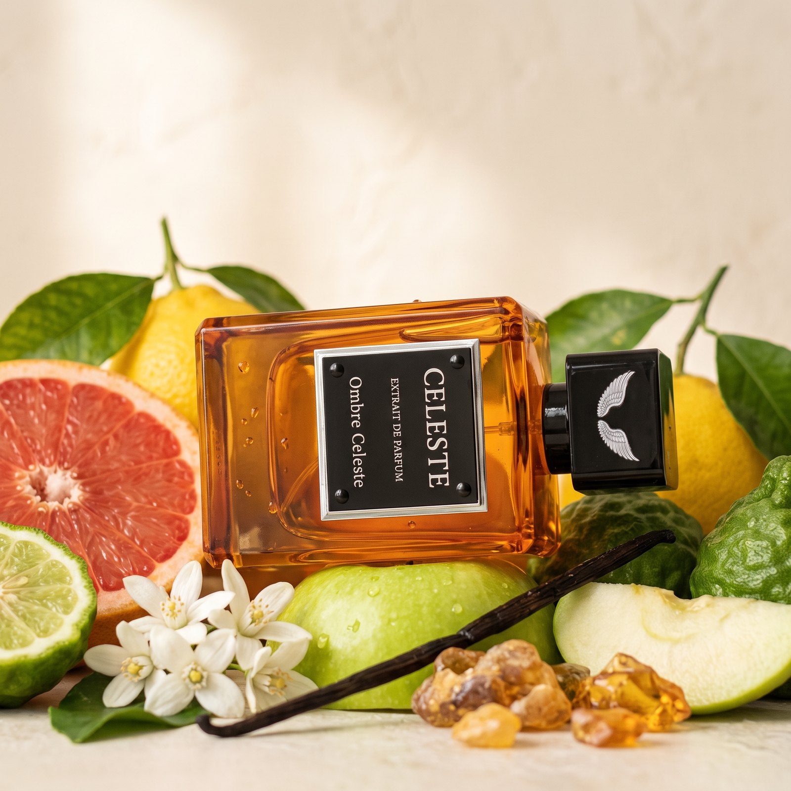 Ombre Celeste extrait de parfum 100 ml by Parfum Celeste lying on grapefruit, lemons, bergamot, green apple, jasmine, vanilla and amber in soft window light