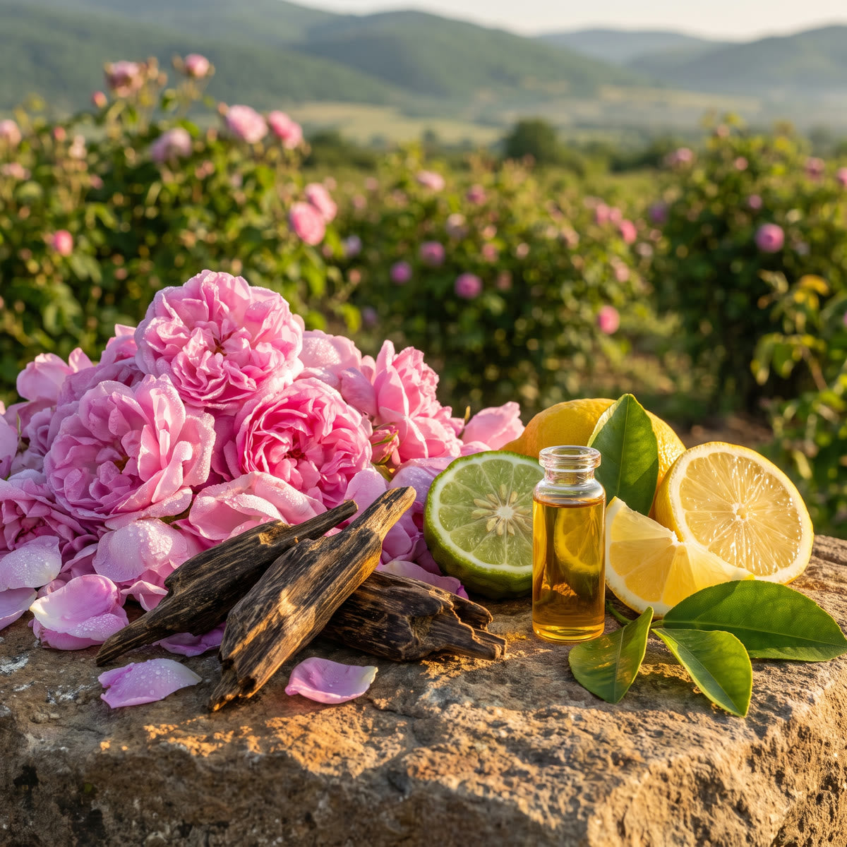 Rose petals, oud wood and fresh bergamot and lemon, the raw ingredients of Parfum Celeste extraits de parfum