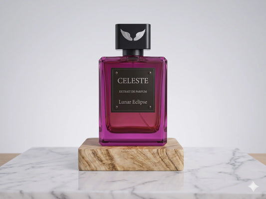 Lunar Eclipse extrait de parfum bottle by Parfum Celeste, a sophisticated evening fragrance with passionfruit, oud and rose notes