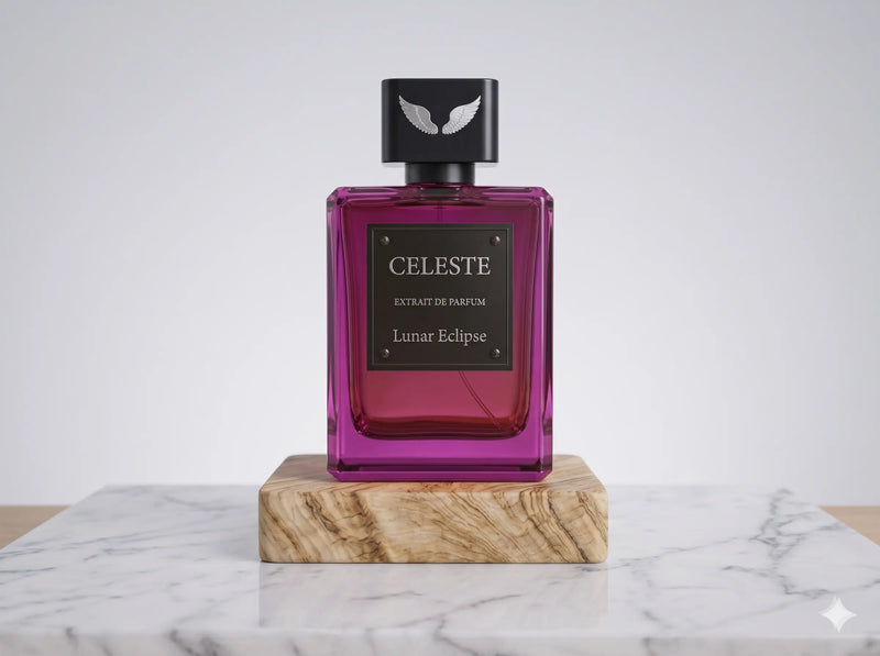 Lunar Eclipse extrait de parfum bottle by Parfum Celeste, a sophisticated evening fragrance with passionfruit, oud and rose notes