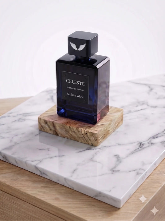 Saphire Glow extrait de parfum bottle by Parfum Celeste, a luminous unisex fragrance with passionfruit, oud and amber-vanilla notes