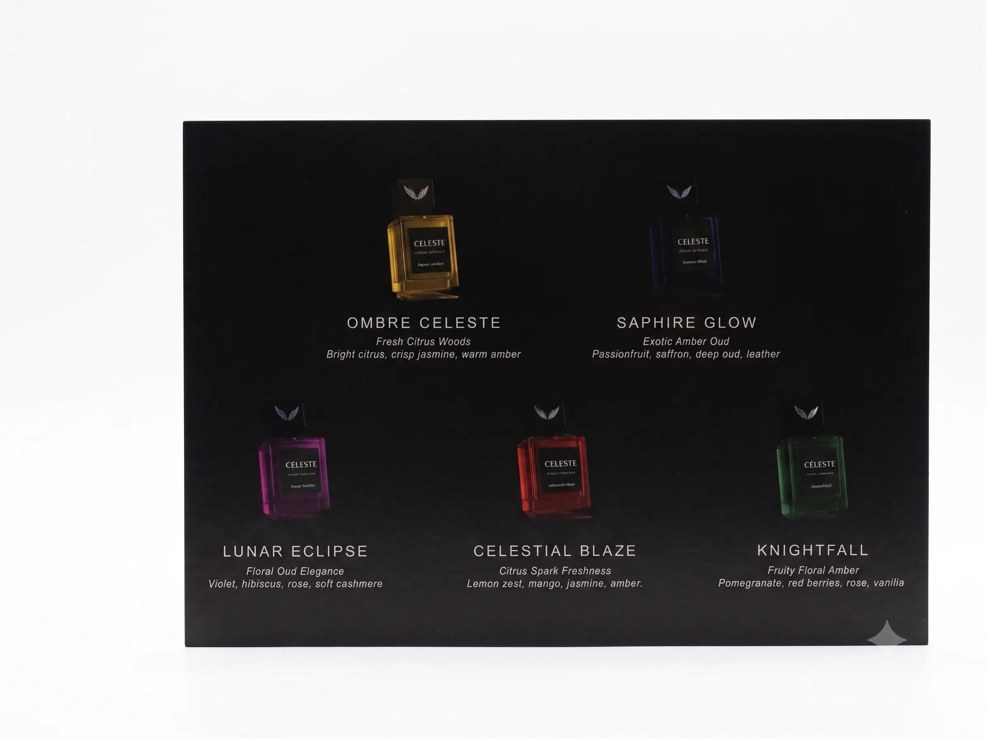 Parfum Celeste 5-piece mini discovery set featuring all five signature unisex extrait de parfum fragrances