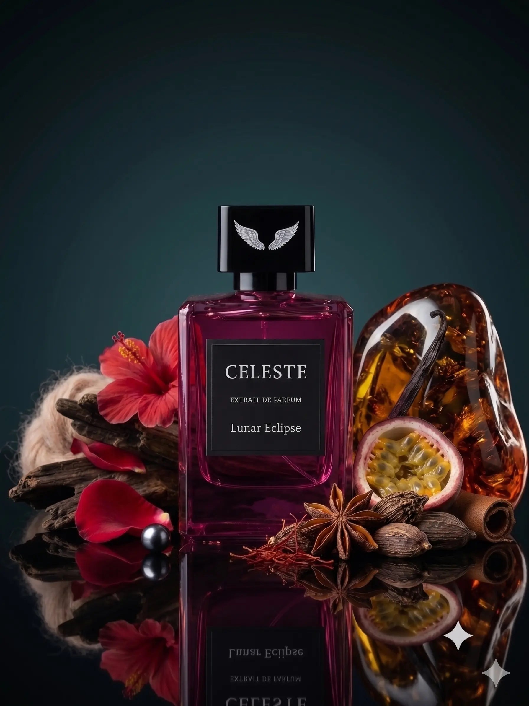 Lunar Eclipse extrait de parfum bottle by Parfum Celeste, a sophisticated evening fragrance with passionfruit, oud and rose notes