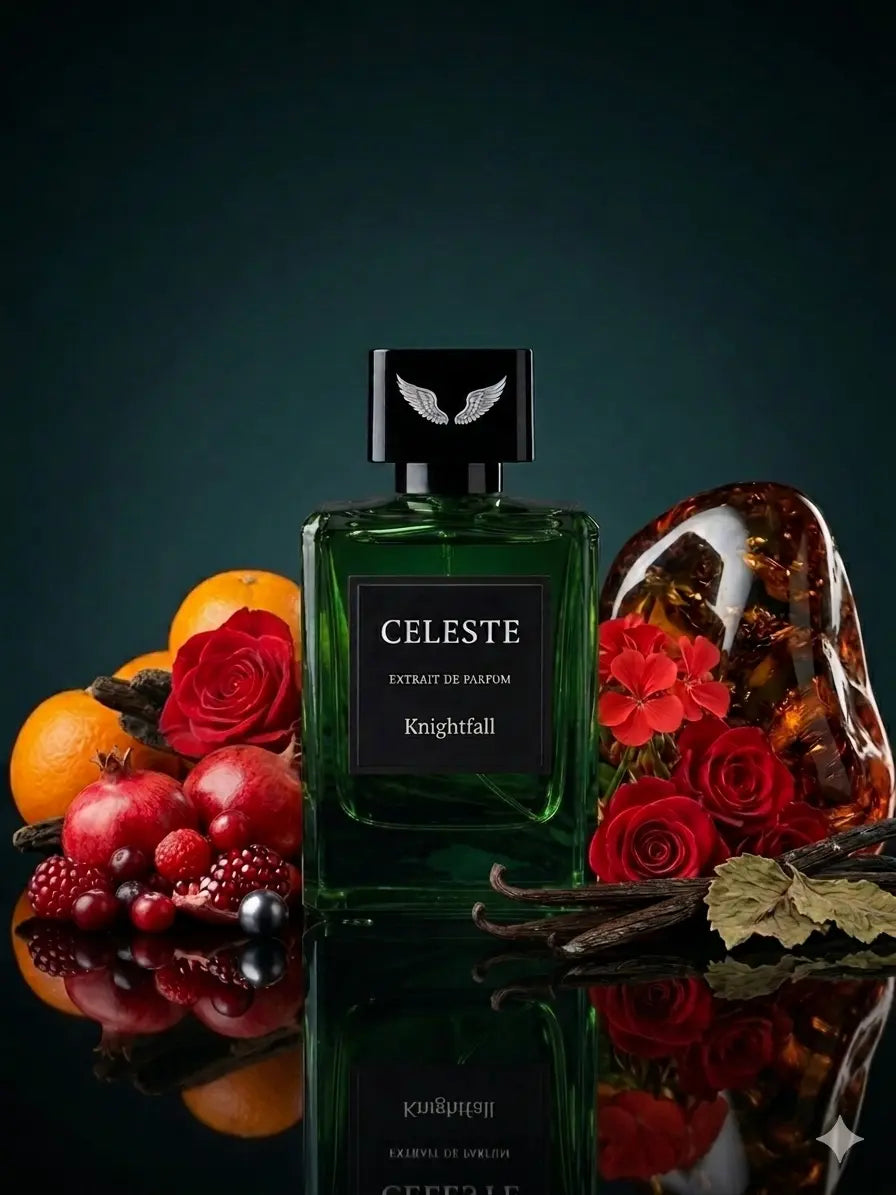 Knightfall extrait de parfum bottle by Parfum Celeste, a bold long-lasting unisex fragrance with pomegranate, rose and amber notes