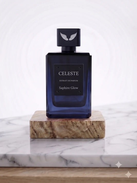 Saphire Glow extrait de parfum bottle by Parfum Celeste, a luminous unisex fragrance with passionfruit, oud and amber-vanilla notes