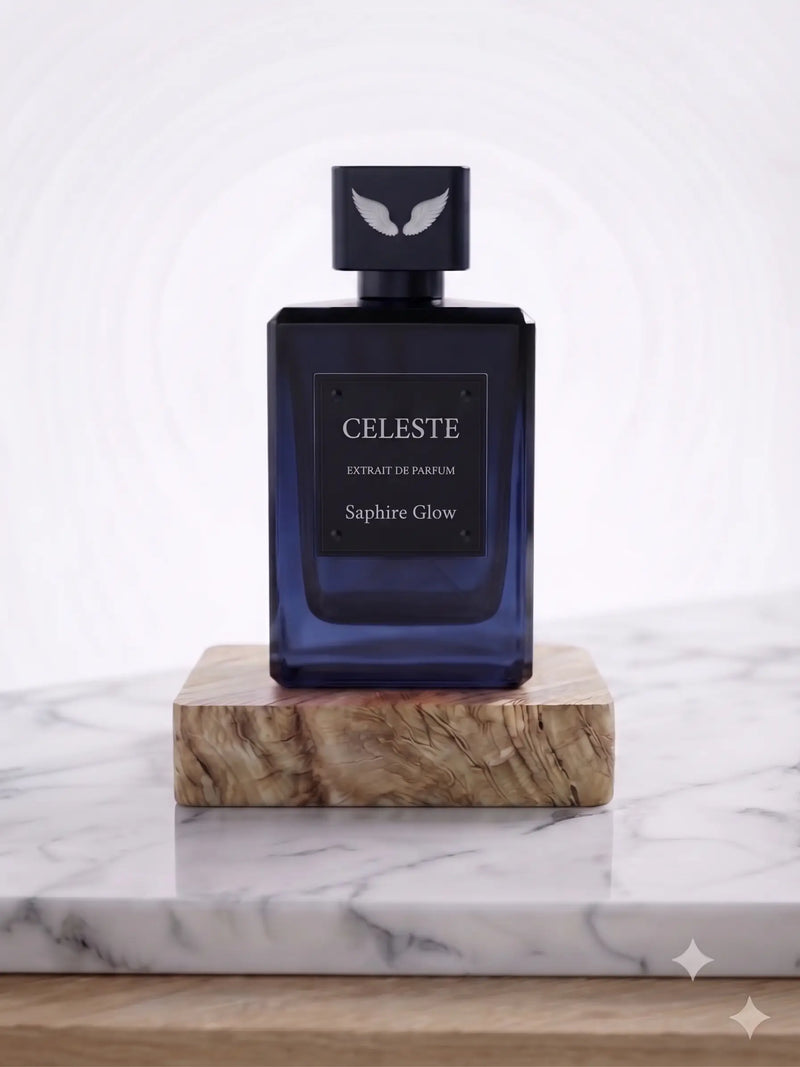 Saphire Glow extrait de parfum bottle by Parfum Celeste, a luminous unisex fragrance with passionfruit, oud and amber-vanilla notes
