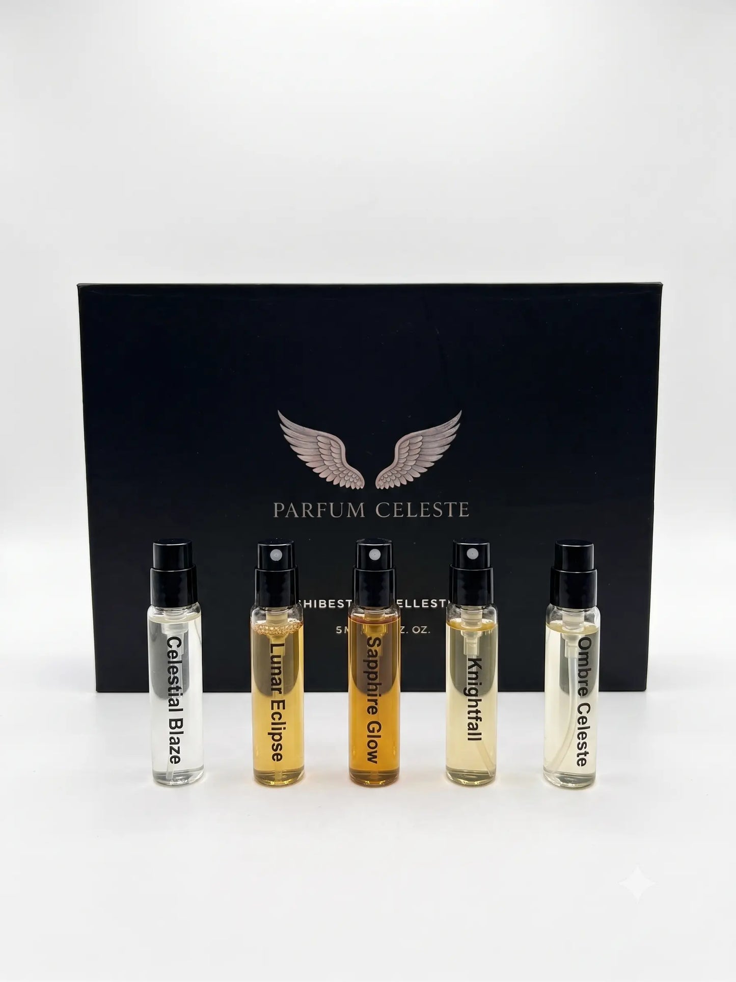 Parfum Celeste 5-piece mini discovery set featuring all five signature unisex extrait de parfum fragrances