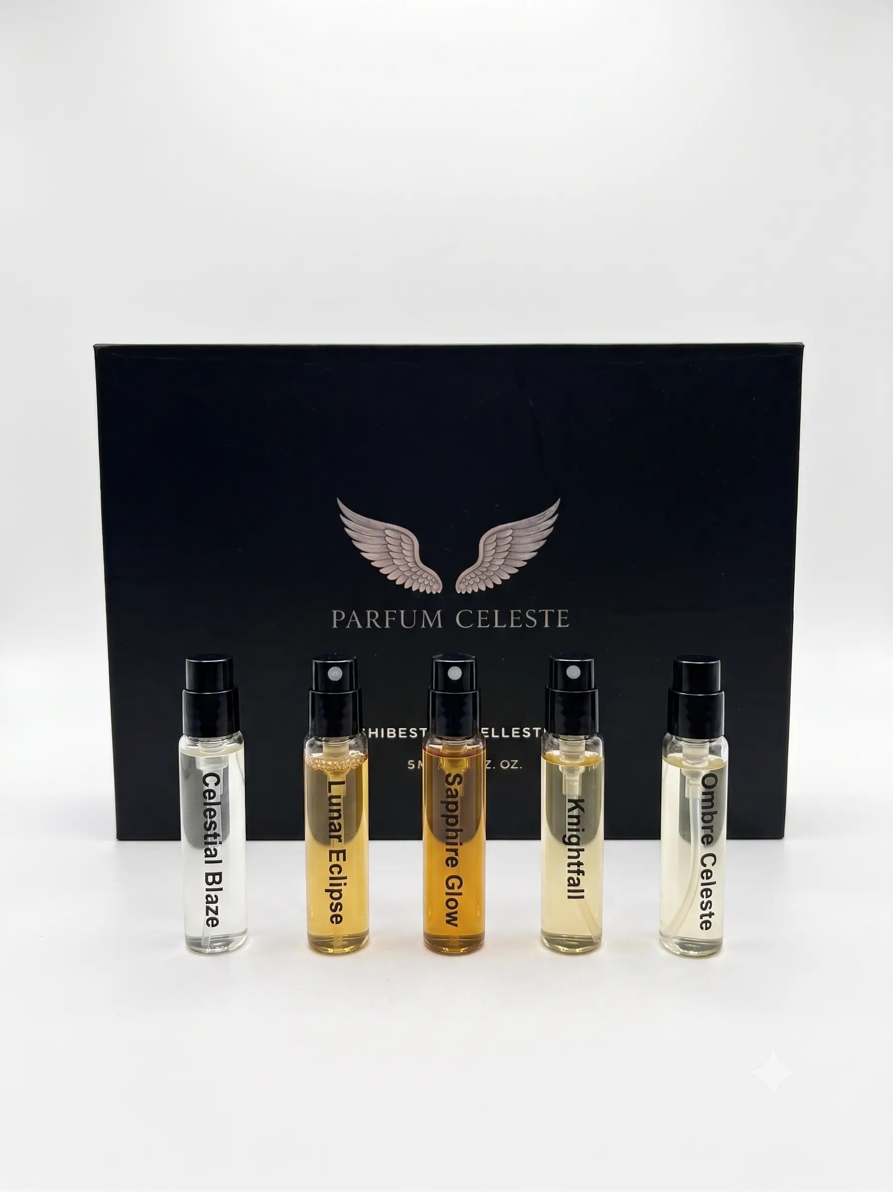 Parfum Celeste 5-piece mini discovery set featuring all five signature unisex extrait de parfum fragrances