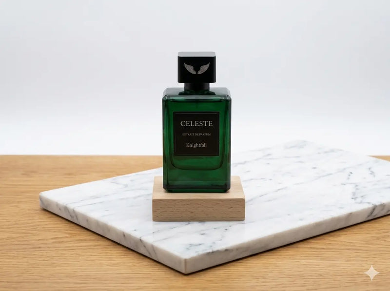Knightfall extrait de parfum bottle by Parfum Celeste, a bold long-lasting unisex fragrance with pomegranate, rose and amber notes