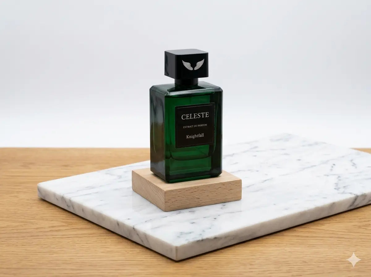 Knightfall extrait de parfum bottle by Parfum Celeste, a bold long-lasting unisex fragrance with pomegranate, rose and amber notes