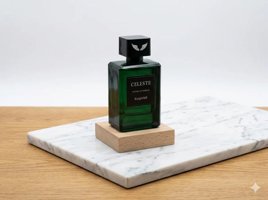 Knightfall extrait de parfum bottle by Parfum Celeste, a bold long-lasting unisex fragrance with pomegranate, rose and amber notes