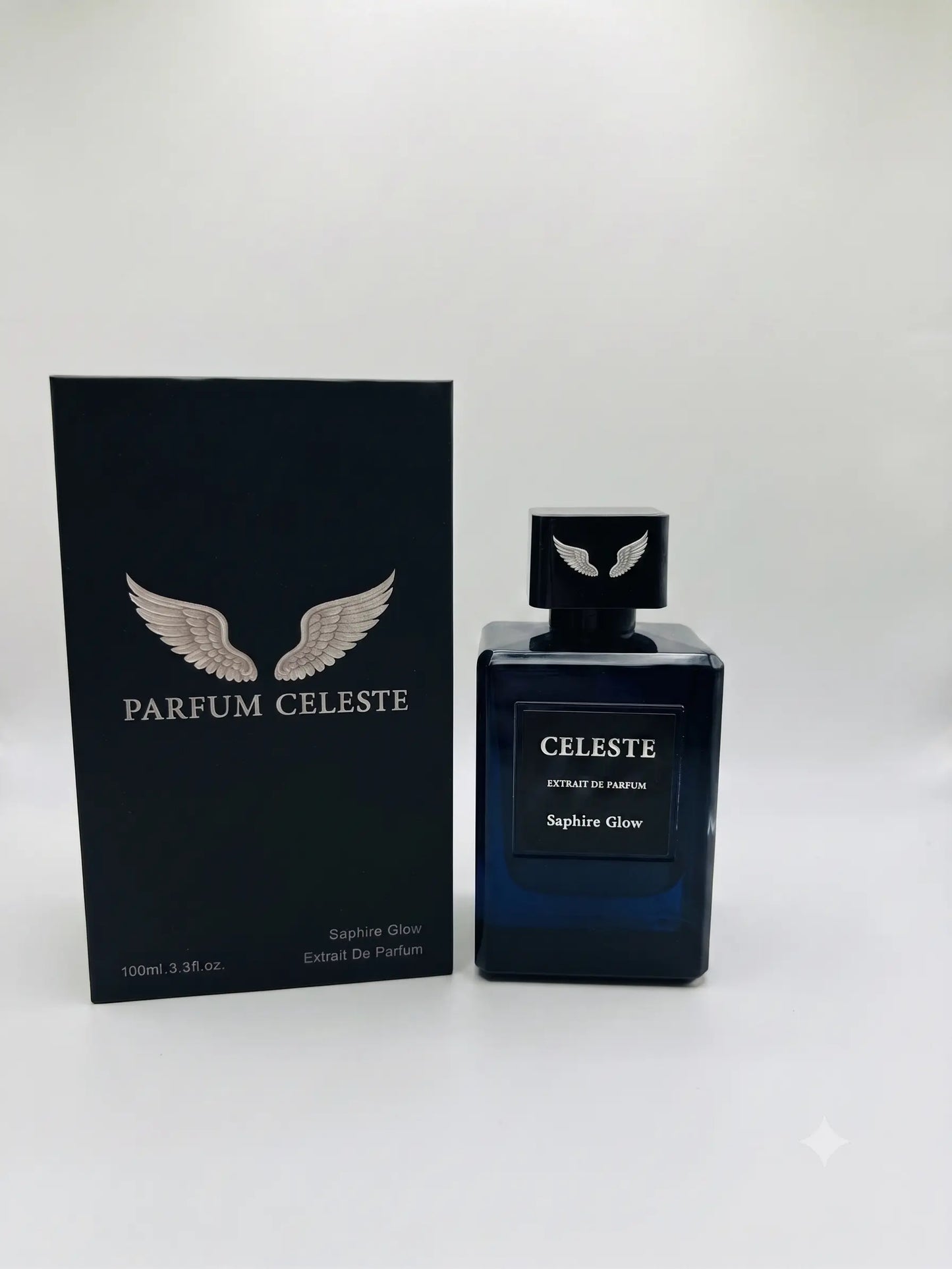 Saphire Glow extrait de parfum bottle by Parfum Celeste, a luminous unisex fragrance with passionfruit, oud and amber-vanilla notes
