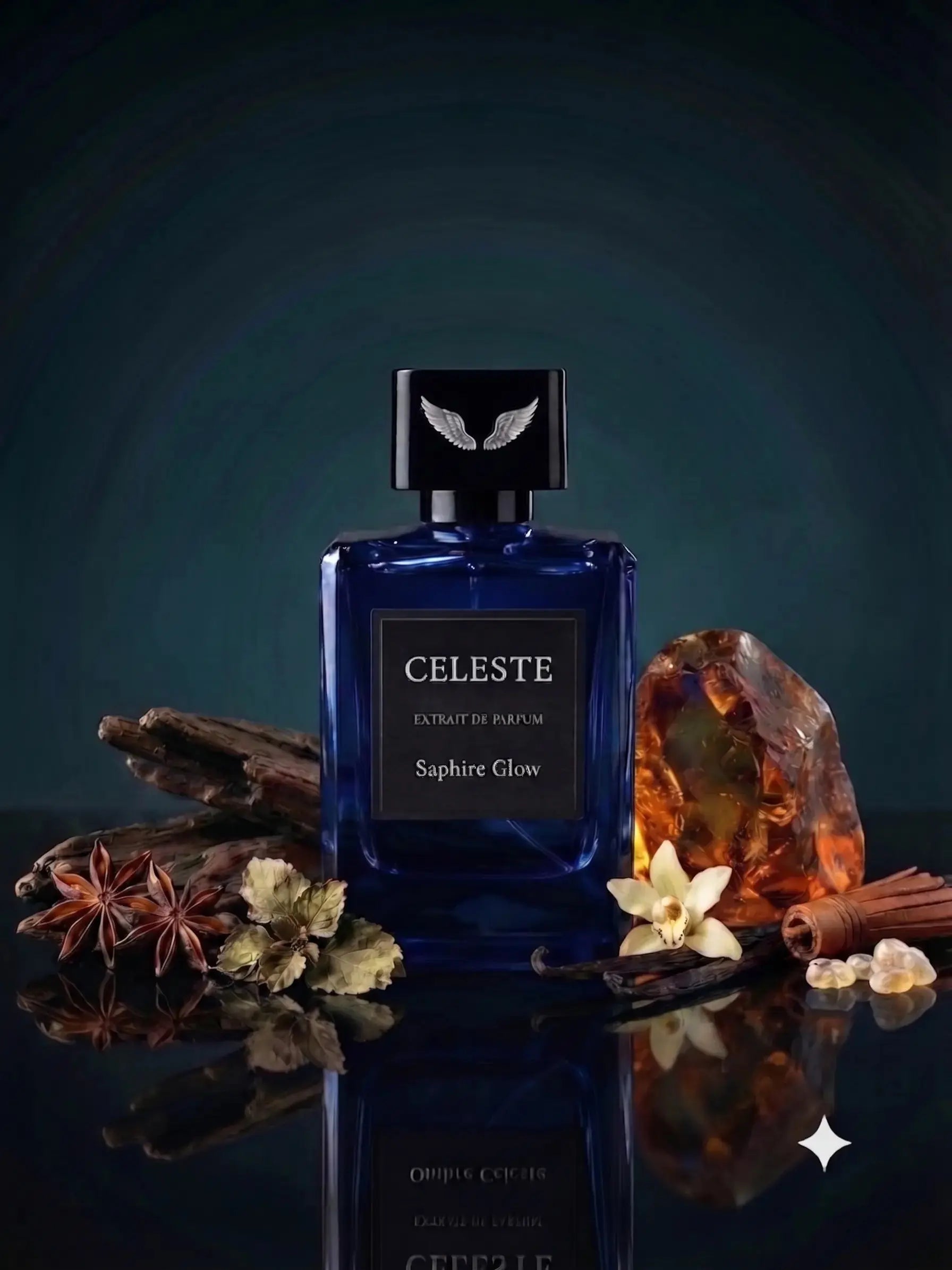 Saphire Glow extrait de parfum bottle by Parfum Celeste, a luminous unisex fragrance with passionfruit, oud and amber-vanilla notes