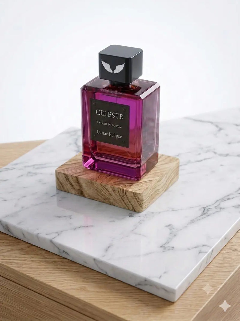 Lunar Eclipse extrait de parfum bottle by Parfum Celeste, a sophisticated evening fragrance with passionfruit, oud and rose notes
