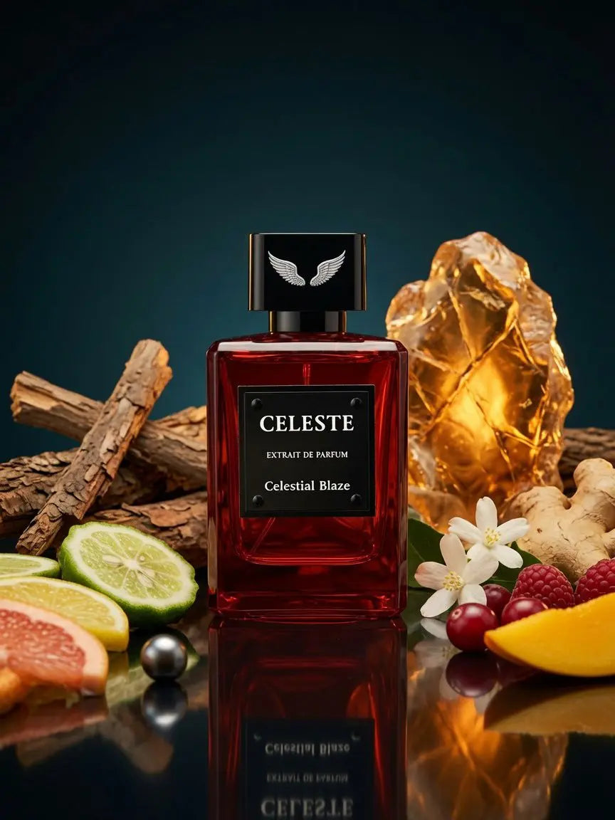 Celestial Blaze extrait de parfum bottle by Parfum Celeste, a fresh unisex fragrance with citrus, jasmine and amber-cedar notes