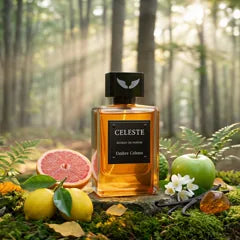 Golden leaves blowing through a morning forest around Ombre Celeste