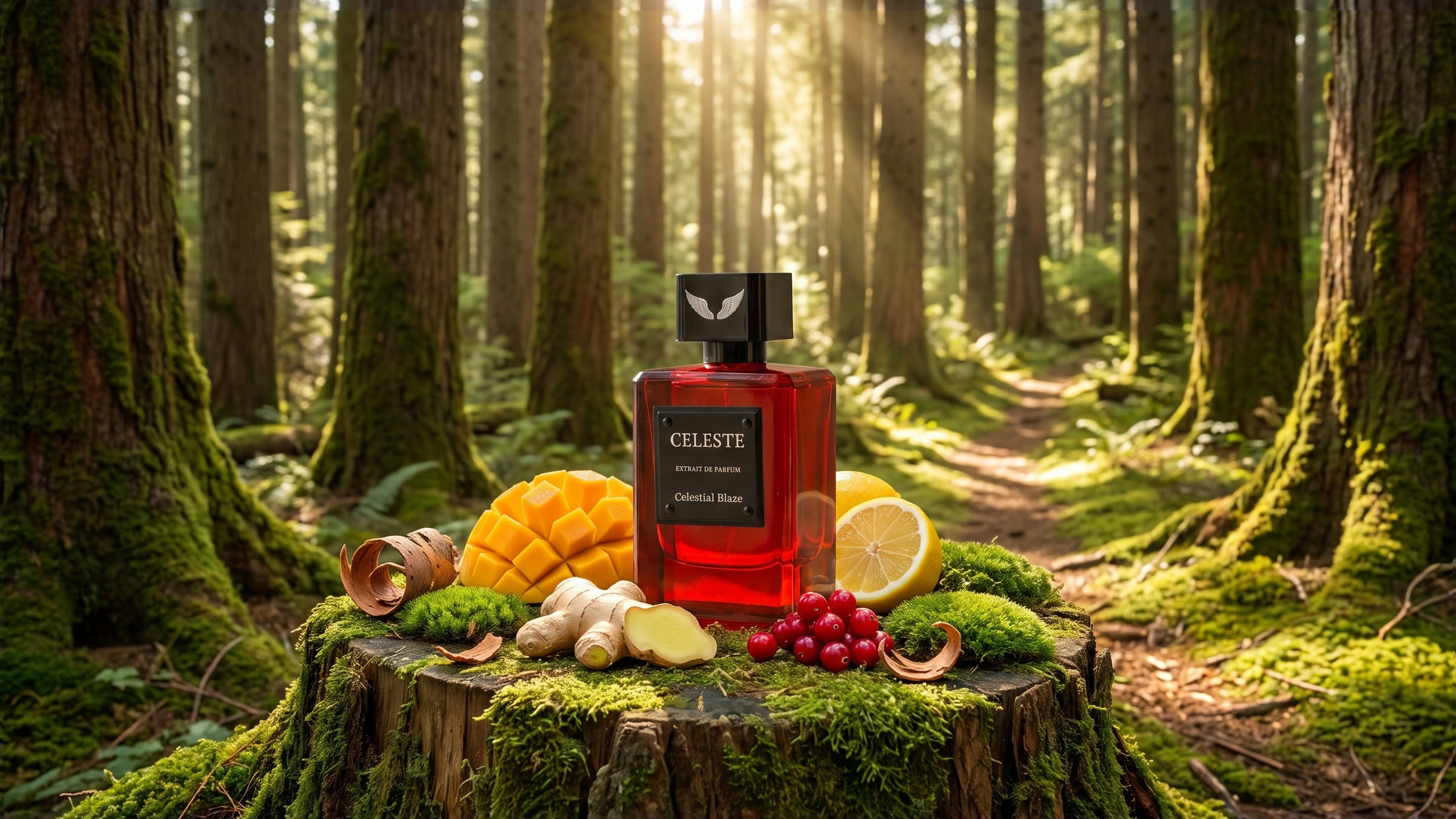 Celestial Blaze on a mossy cedar stump in a sunlit forest, among mango, ginger, red berries, lemon and cedar bark, by Parfum Celeste