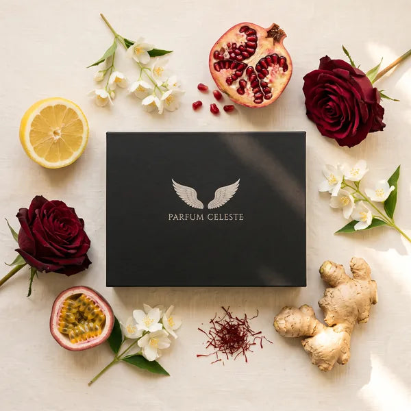 The closed Parfum Celeste Discovery Set box with its silver wings seen from above among lemon, pomegranate, a red rose, jasmine, passionfruit and ginger on cream linen in soft window light