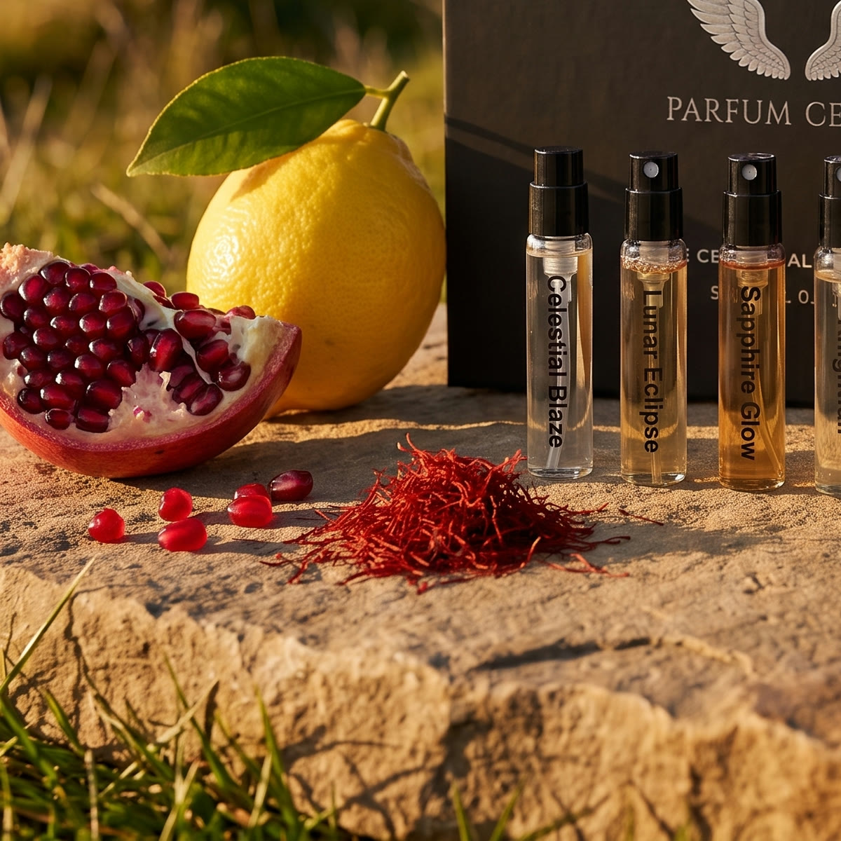 The ingredients of The Discovery Set as they lie beside the bottle