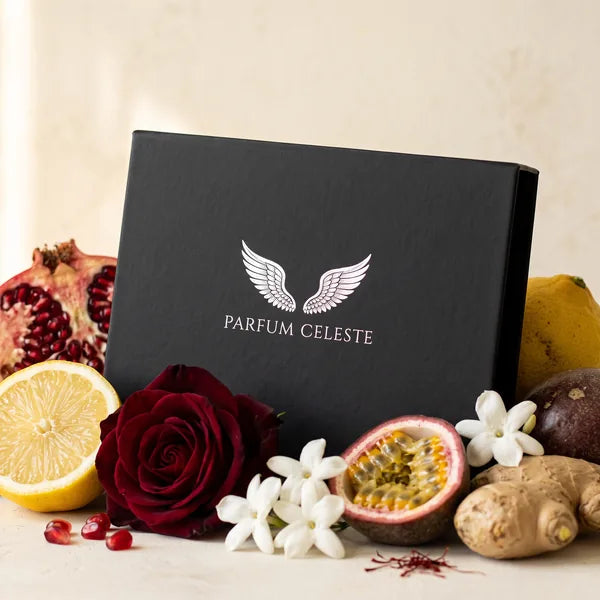 The closed Parfum Celeste Discovery Set box with its silver wings among lemon, pomegranate, a red rose, jasmine, passionfruit and ginger in soft window light