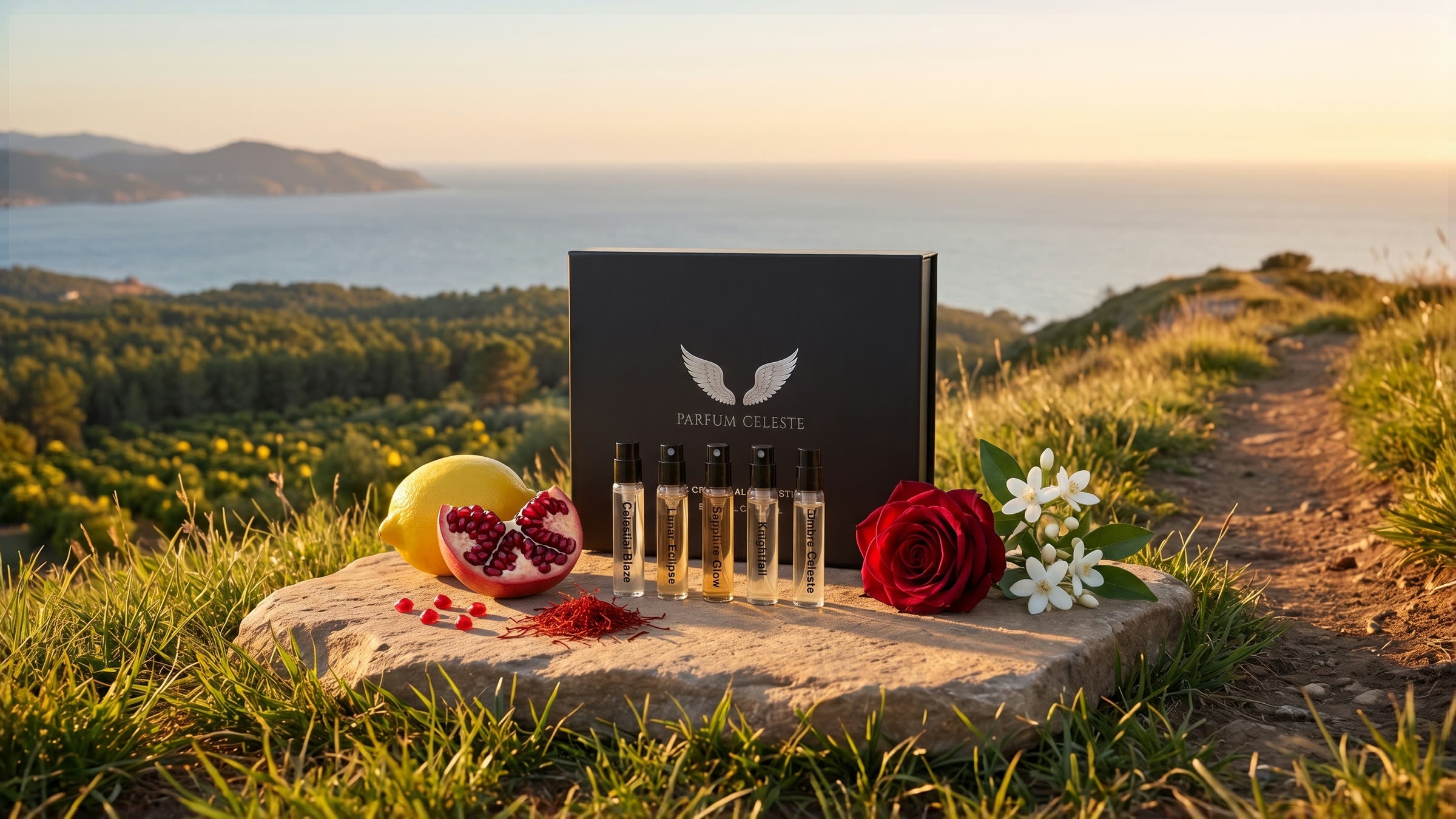 The Discovery Set on a flat stone at a summit above the sea at first light, among a lemon, pomegranate, saffron, a rose and jasmine, by Parfum Celeste