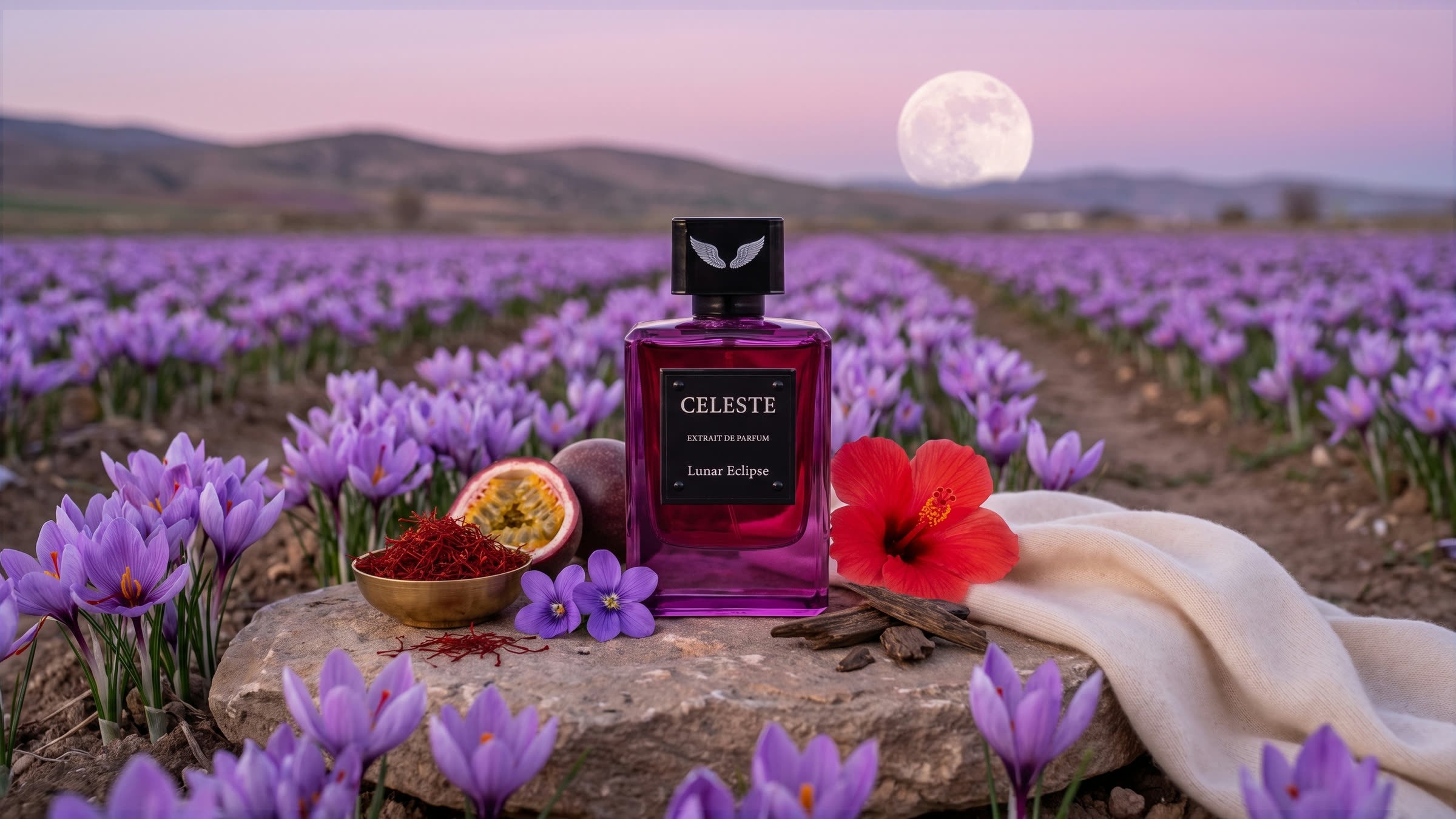 Lunar Eclipse on a flat stone in a field of saffron crocus at dusk under a rising moon, among saffron, passionfruit, violets, hibiscus, oud and cashmere, by Parfum Celeste