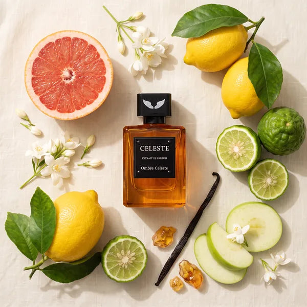 Ombre Celeste extrait de parfum 100 ml by Parfum Celeste seen from above among grapefruit, lemons, bergamot, green apple, jasmine, vanilla and amber on cream linen in soft window light