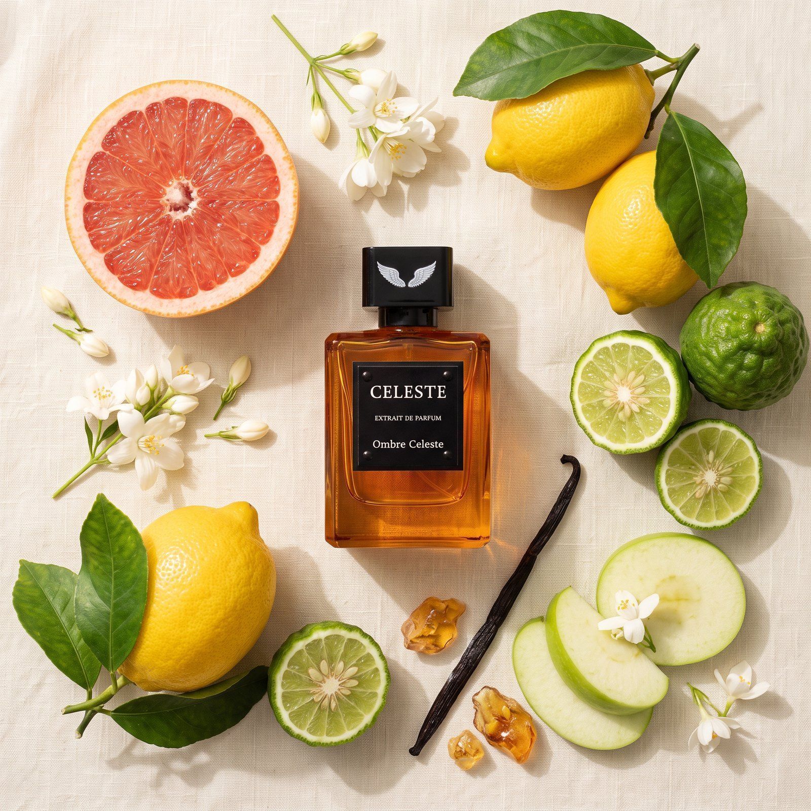 Ombre Celeste extrait de parfum 100 ml by Parfum Celeste seen from above among grapefruit, lemons, bergamot, green apple, jasmine, vanilla and amber on cream linen in soft window light