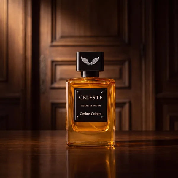 Ombre Celeste extrait de parfum 100 ml by Parfum Celeste in a beam of warm light in a dark wood-panelled room