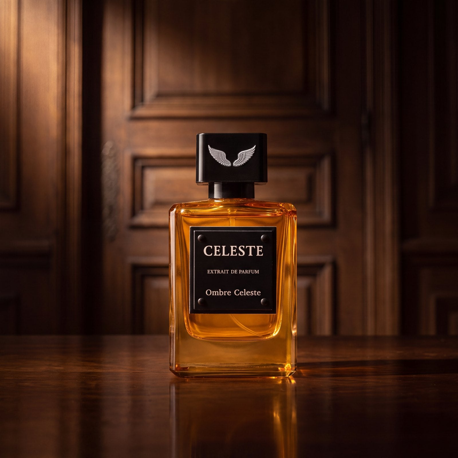 Ombre Celeste extrait de parfum 100 ml by Parfum Celeste in a beam of warm light in a dark wood-panelled room