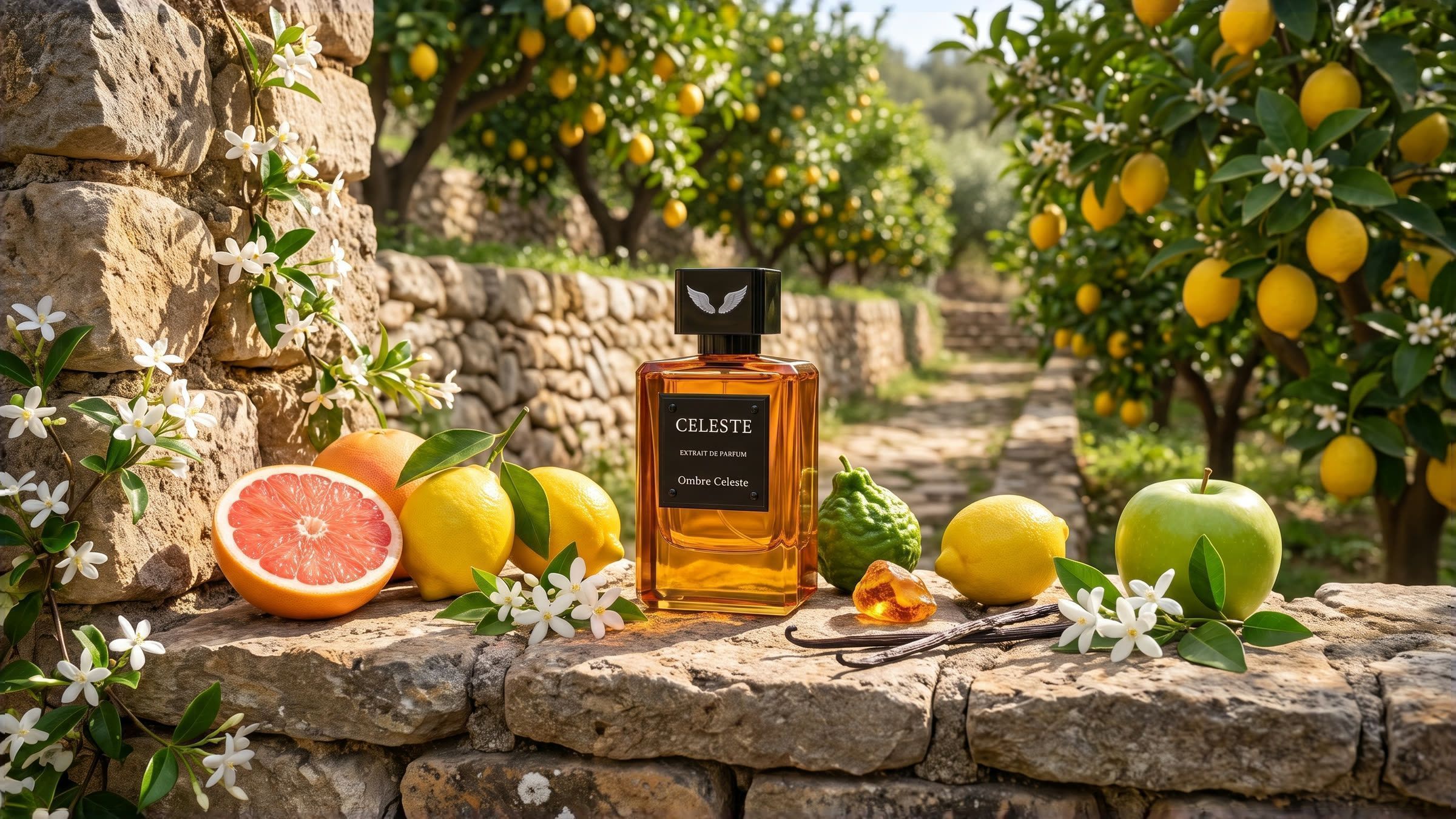 Ombre Celeste on an old stone wall in a lemon grove at morning, among grapefruit, lemons, bergamot, a green apple, jasmine, vanilla and amber, by Parfum Celeste