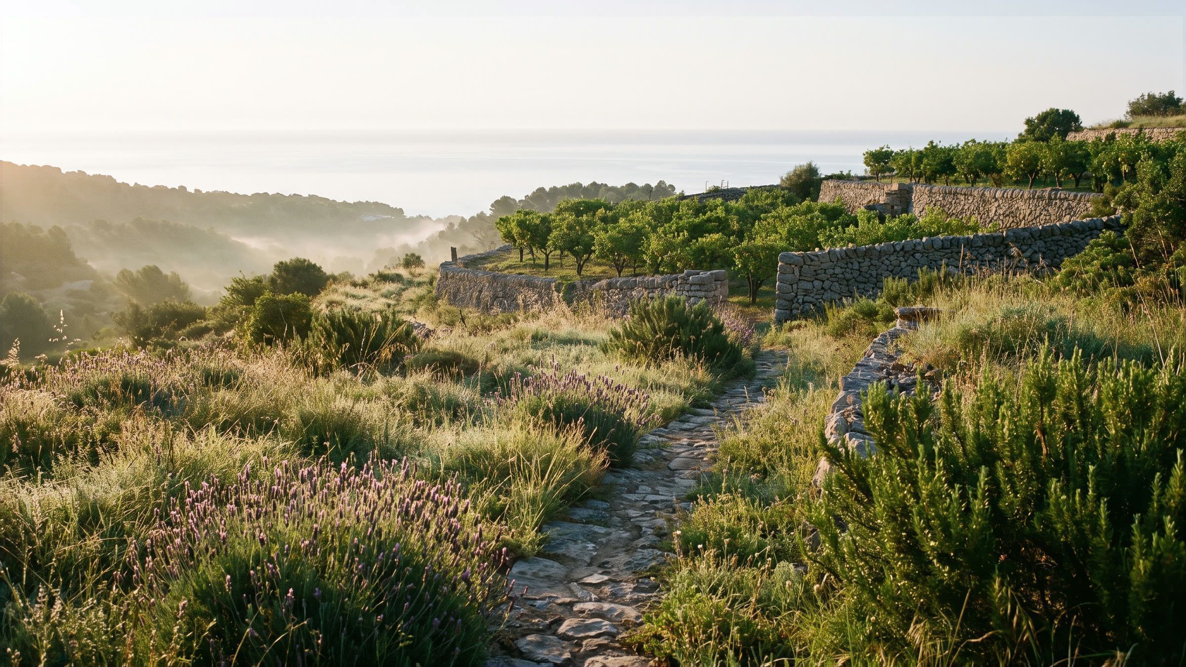 A stone path through lavender and rosemary at dawn above the sea, where the Parfum Celeste walk begins