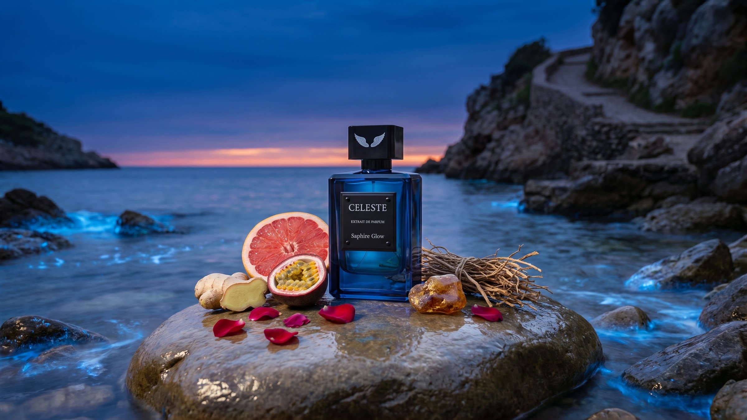 Saphire Glow on a wet rock in a cove at blue hour, among grapefruit, passionfruit, ginger, rose petals, labdanum and vetiver, by Parfum Celeste