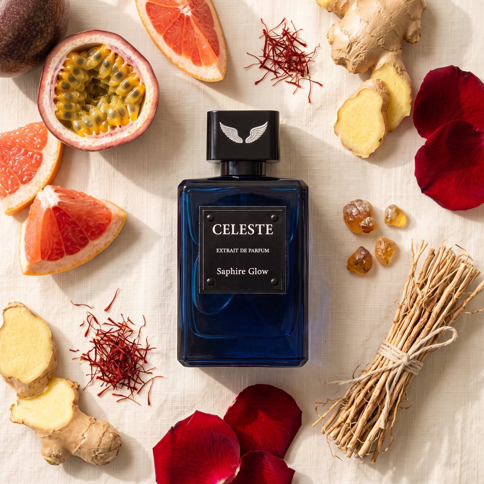 Saphire Glow extrait de parfum 100 ml by Parfum Celeste seen from above among passionfruit, pink grapefruit, ginger, saffron, rose petals, labdanum and vetiver on cream linen in soft window light