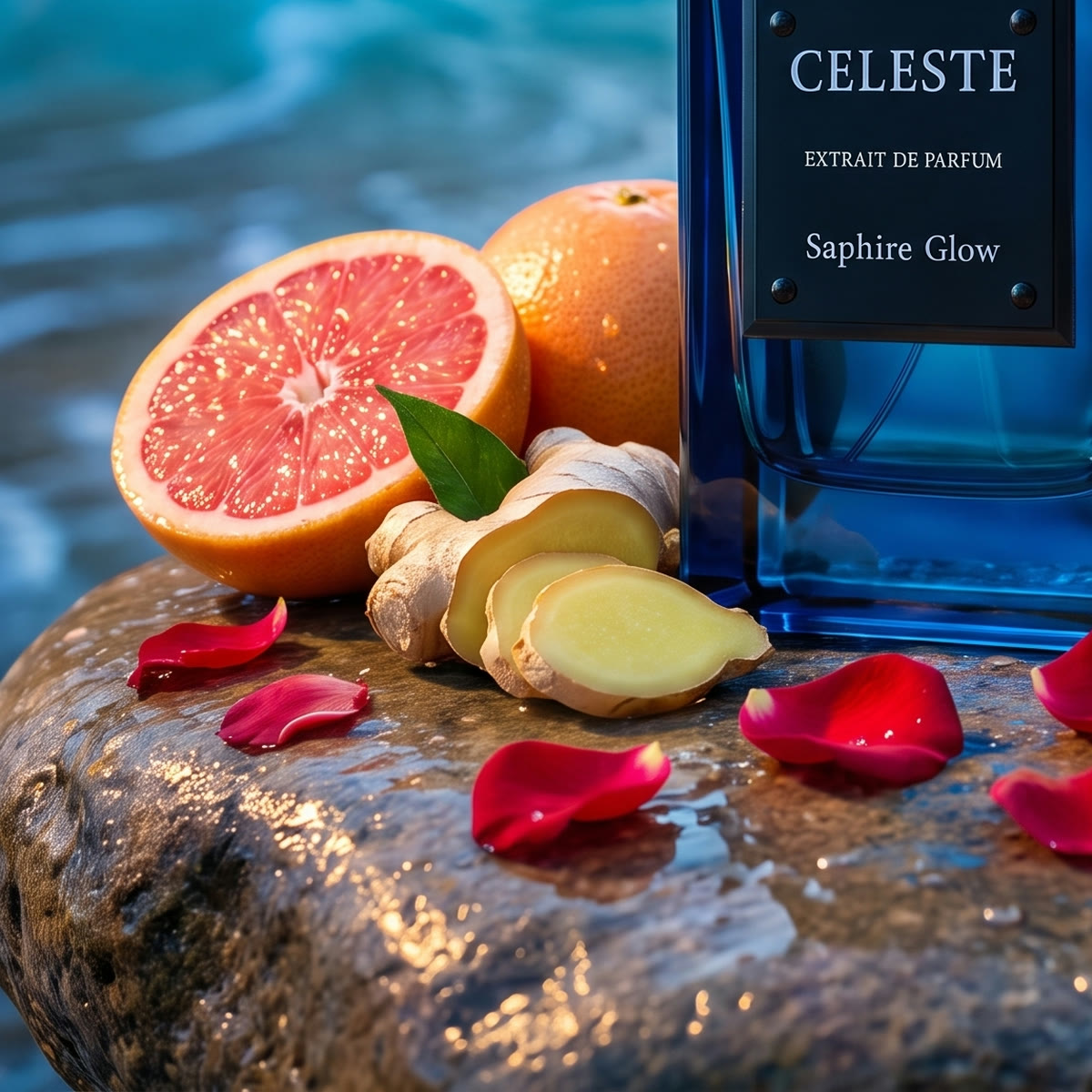 The ingredients of Saphire Glow as they lie beside the bottle