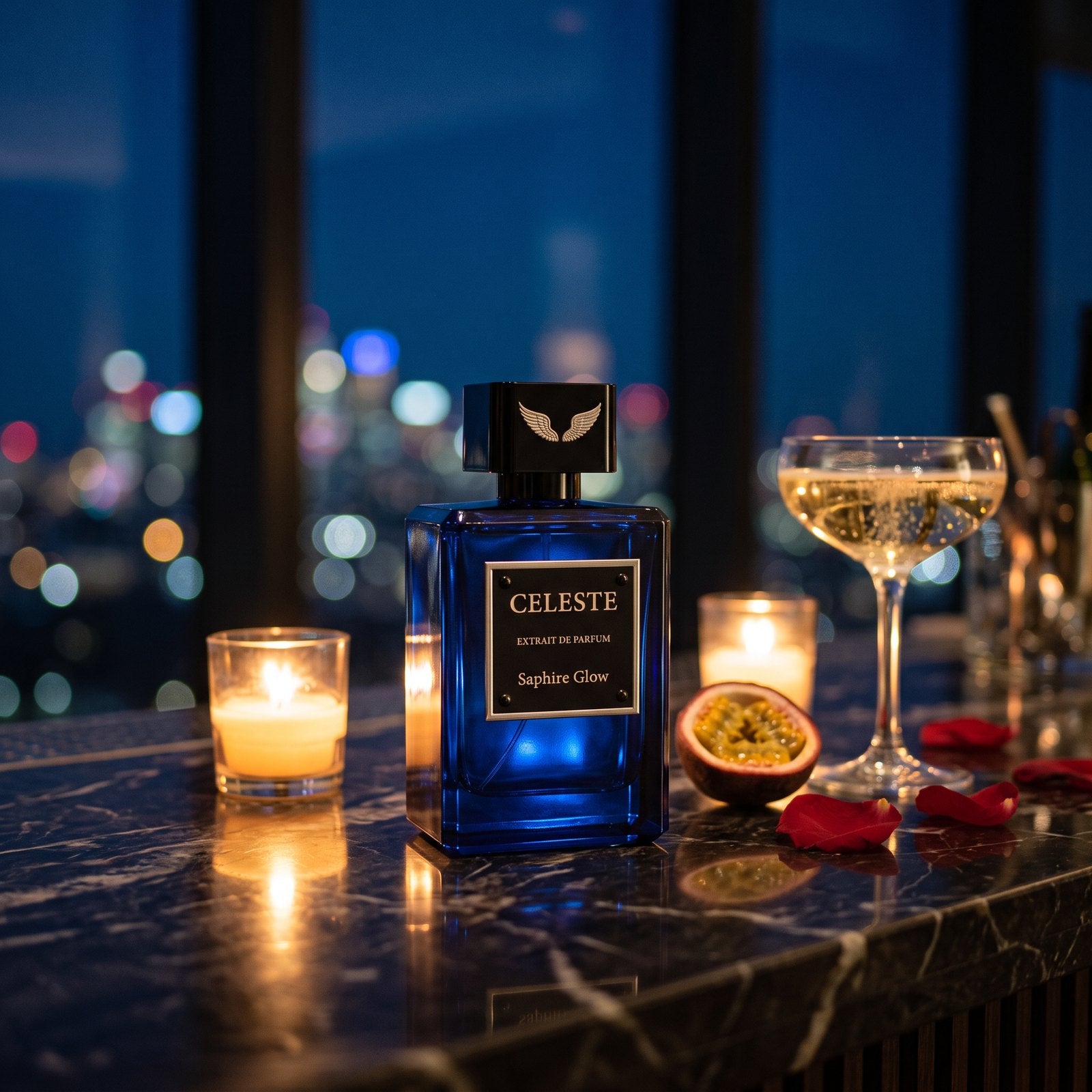 Saphire Glow extrait de parfum 100 ml by Parfum Celeste on the dark marble of a cocktail bar at night, between candles, a halved passionfruit, a coupe of champagne and rose petals, the city lights behind