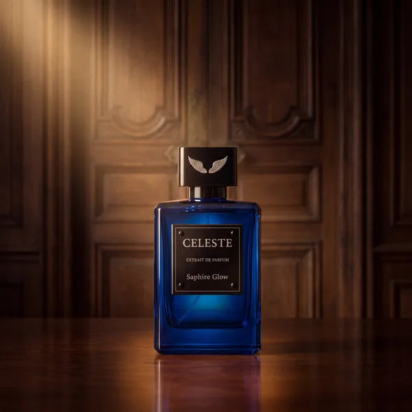Saphire Glow extrait de parfum 100 ml by Parfum Celeste in a beam of warm light in a dark wood-panelled room